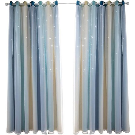 Pimennysverhot tähdillä lastenhuoneeseen, tyttöjen makuuhuoneeseen, olohuoneeseen, sininen