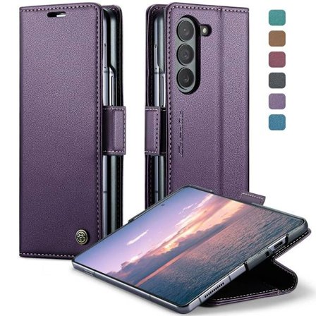 (För Samsung Z Fold 6) Läderplånboksfodral med kortfack och magnetstängning