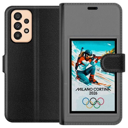 Kompatibelt Lommeboketui til Samsung Galaxy A33 5G Retroplakat Cortina Milano 2026 med fjell, vintersportsutøvere, italienske trikolor, Milano-katedra