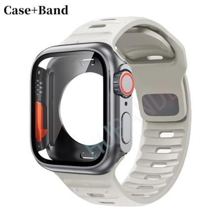 Silikonrem+ case För Apple Watch Case 44mm 45mm 41mm 40mm Skärmskydd Byt till Ultra For iWatch Series 8 7 SE 6 5 3 2 Beige-Grey Series456 SE 44MM