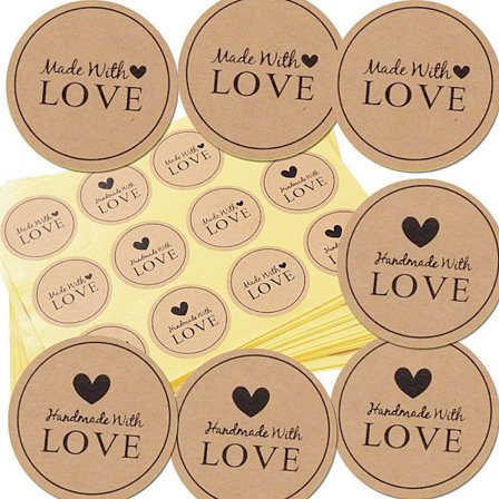 600 stk runde klistermærker med hjerte - Håndlavet med kærlighed klæbende S