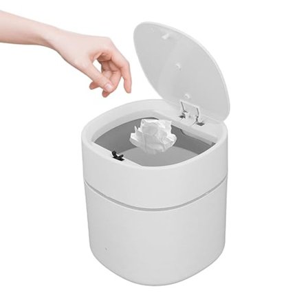 Mini søppelbøtte med popup-lokk, bord-søppelbøtte skrivebord sminke søppelbøtte for bad, soverom, (hvit)