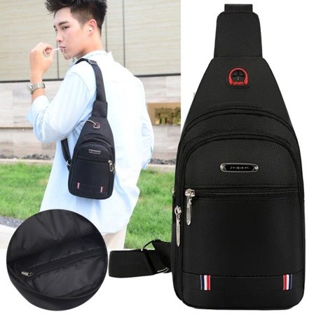 Axelväskor för män med hörlurshål Sport Casual bröstväska Sling Bag Svart
