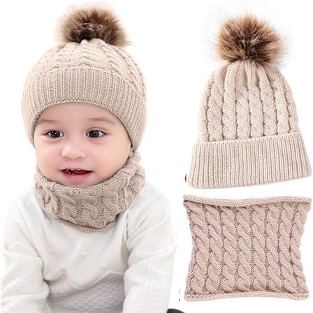 2-pack Bebis Stickad Mössa Halsduk Vinter Varm Beanie Med Pompom