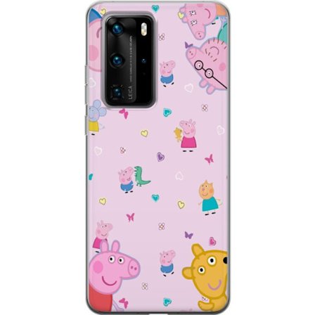 Kompatibelt Mobildeksel til Huawei P40 Pro Peppa Gris med en baby i armene, mamma gris motiv i fargerik og myk barneillustrasjon med hjerter