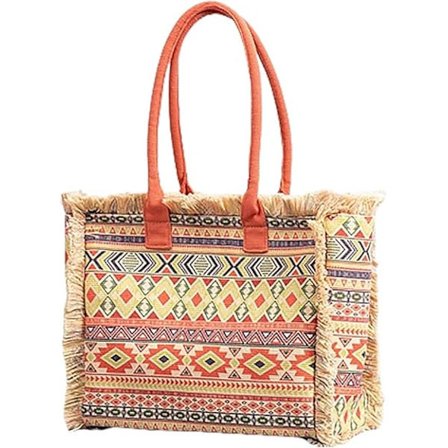 Canvas Handväska Dam Etnisk Stil Tygväska Retro Axelväska med Tofsar Sommar Strandväska Bohemisk Topphandtag Väska orange mango