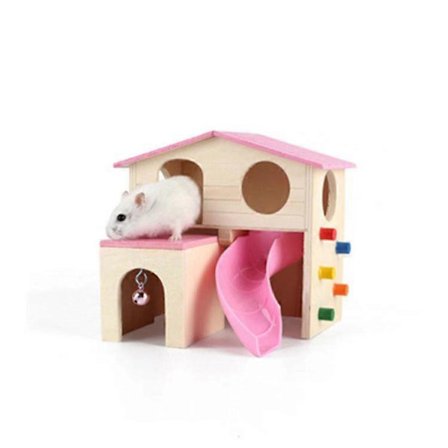 Litet gömställe för smådjur, hamsterhus med träklätterstege, gerbilkoja, gömställe, träningsleksaker (rosa)