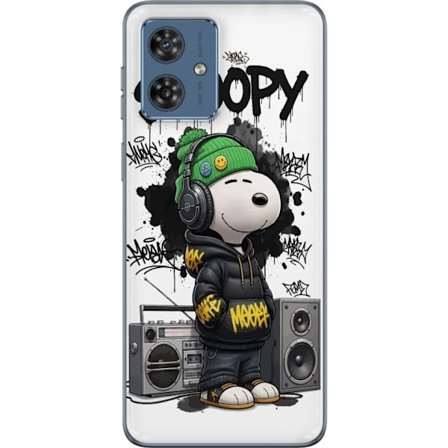 Motorola Moto G54 Gjennomsiktig deksel Snoopy i gateklær med hodetelefoner, graffiti-stil og et stort smil mens han står ved siden av boomboxen i en