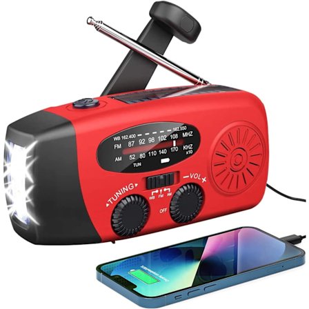 Nödradio med solceller, AM/FM, handvev, LED-ficklampa och 2000mAh batteri (röd)