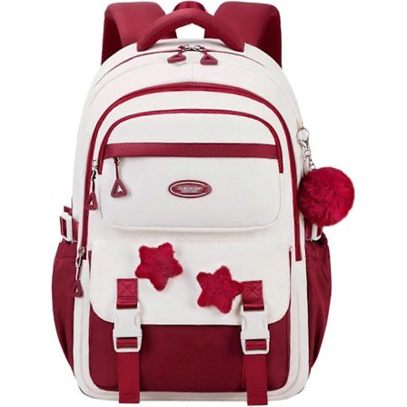 Tyttöjen reppu - Tyylikäs koululaukku ala- ja yläkouluun, teinitytön kirjalaukku tähtineuloilla ja pörröisellä riipuksella