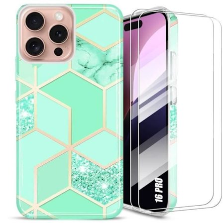 Fodral + 2 härdade glasögon för iPhone 16 Pro, turkos marmormönsterskydd Lättvikt Stötsäker silikon + PC