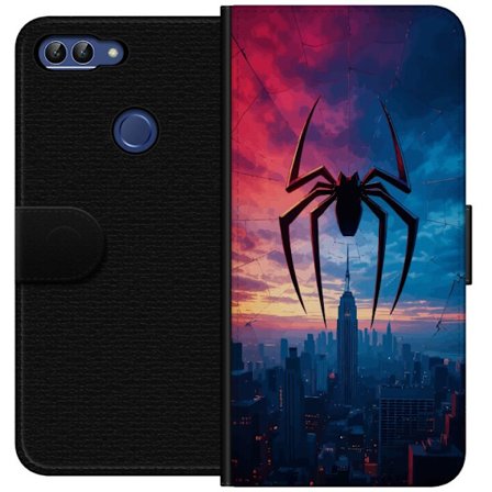 Yhteensopiva Lompakkokotelo Huawei Huawei P smart Tyylikäs hämähäkki kaupungin horisontin yläpuolella dramaattisessa auringonlaskussa, graafinen