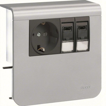 Hager SL20055920D1 Uttag 1-vägs + 2 x RJ45, 55 mm Aluminium, Installationsmaterial