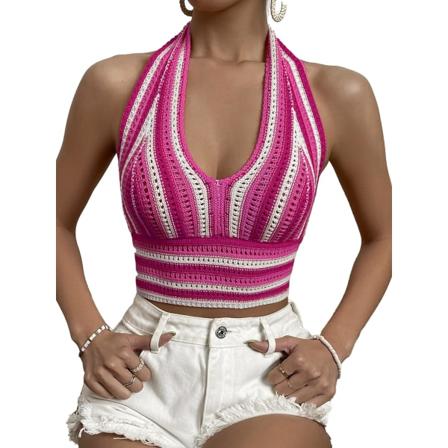 dusa Dam Stribed Colorblock Tie Rygglös V-hals Stickad Crop Halter Top Hot Pink X-Large