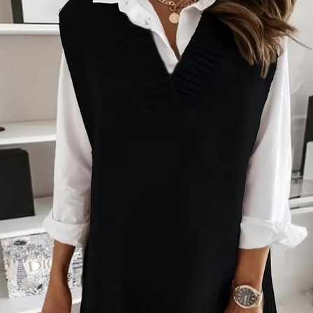 Plus Size - Elegant V-hals Vest | Ensfarvet, Ikke-strækbart stof, Løs pasform, Ideel til lagdeling, Dame Efterår/Vinter Vest