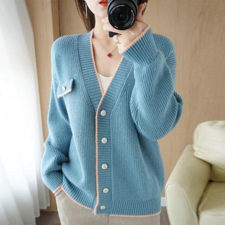Kvinder Strik Efterår Vinter Sweater V-hals Faux Pocket Strikket Cardigan Overtøj Sweater Coat Fresh blue S