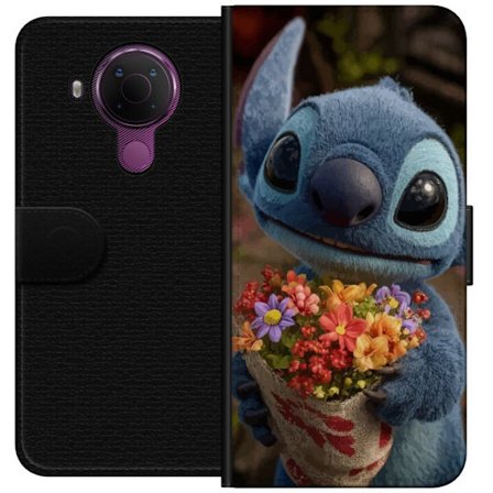 Kompatibel Tegnebogsetui til Nokia Nokia 5.4 Sød blå figur med store øjne, der holder en farverig buket i en varm og kær stil