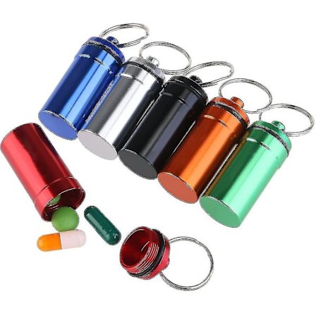 6 stk Vanntette Pilleboks Etui Holder Beholder Nøkkelring Svart