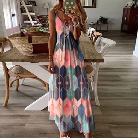 Kvinnor Sommar Ärmlös V-hals Spaghetti Strap Sundress Klänningar