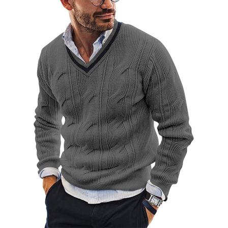 Män Kabelstickad Pullover Enfärgad Långärmad V-hals Ytterkläder