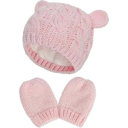 Vastasyntyneen vauvan talvipipo-lapaskäsineet, lämmin neulottu pipo-käsinesetti pojille ja tytöille, pinkki, S