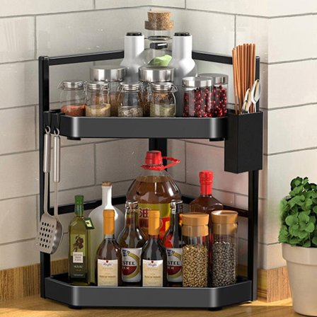 Spice Rack, 2 Tier Kitchen Shelf, Corner Shelf, with Rod Holder, Kitchen Countertop Organizer, Height Adjustable, Wall Mount/Vertical, 40*29*39cm
