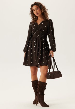 BUBBLEROOM V-neck Button Short Dress Brown/Patterned M