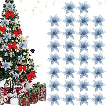 30 stk juledekorasjonsblomster, snøfnugg, blå KLB