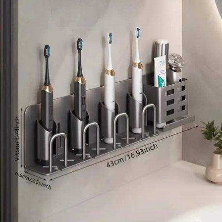 Vægmonteret Elektrisk Tandbørsteholder med Kopholder – Aluminium, uden Boring, Badeværelsesorganisation_TF_TF