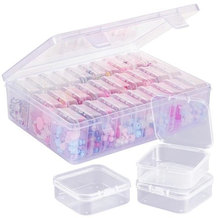 Perleorganisatorboks, en stor transparent boks med 30 stk. små klare plastoppbevaringsbeholdere, Porta