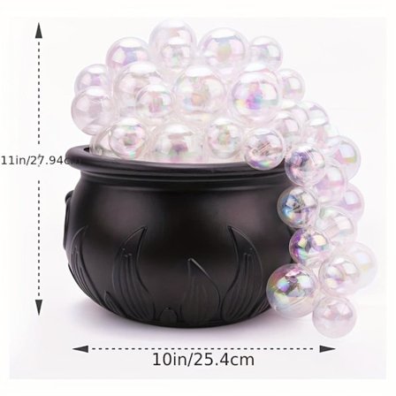 Lysende Heksekedel DIY Festcenterpiece - 25 cm Sort Plastkedel med 40 Farverige Plastkugler og Fjernstyrede Lys, Selvlysende Halloweenpynt_TF_TF