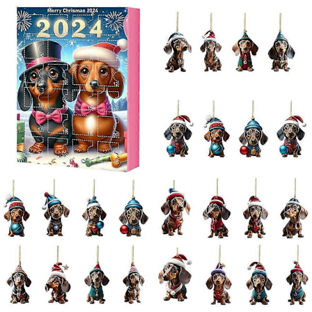 Adventskalender 2024 Jul 24 Dage Nedtælling 2D Akryl Dachshund Hund Hængende Ornament Blind Box Overraskelsesgave