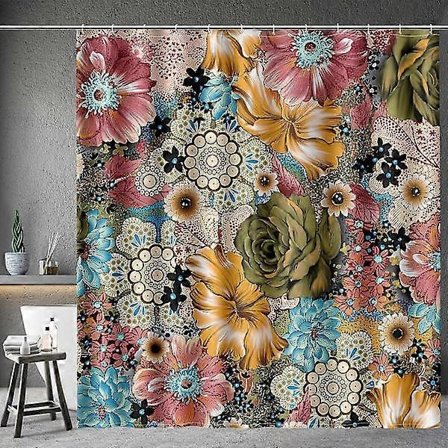 Boho Blomster bruseforhæng Flerfarvede blomster trykt boheme etnisk sæt med 12 kroge til badeværelse, 183 cm × 183 cm