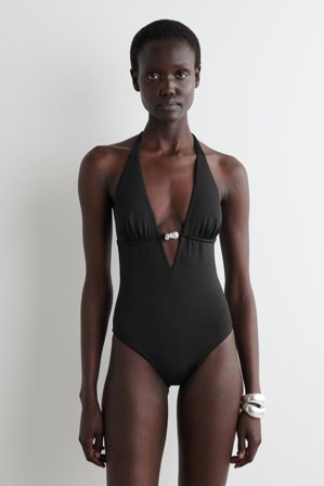 COS Women's Embellished Plunge-Neck Swimsuit in Black