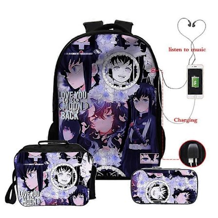 Anime Demon Slayer Muichiro Tokito Reppu Teini-ikäisille Pojille Tytöille Koululaukut Manga Reppu Usb 3kpl/settiä 16 Tuuman Kannettavan Tietokoneen 