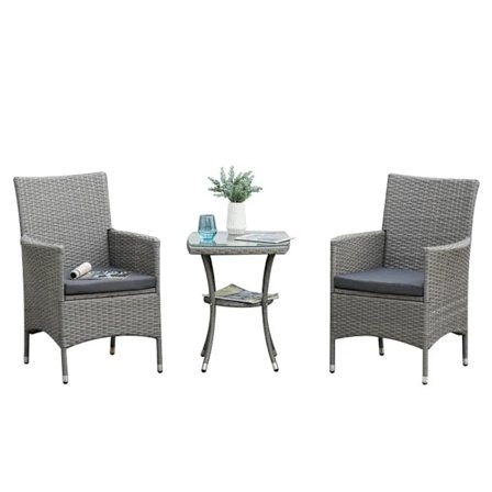 Rootz-rottinki-puutarhahuonekalusetti sivupöydällä - Bistrosetti - Parvekekalusteet - Istuintyynyllä - Polyrottinki + teräs - Harmaa - 60 x 58,5 x 89,