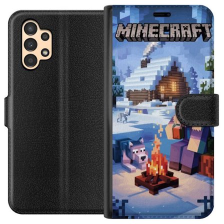 Kompatibel Tegnebogsetui til Samsung Samsung Galaxy A13 Minecraft vinterscene med Steve, ulv, bål og sneklædt hytte spil-inspireret illustration per
