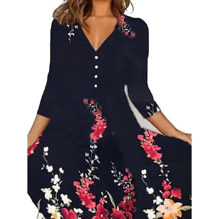 Damekjole med knapper, V-udskæring og 3/4-ærmer