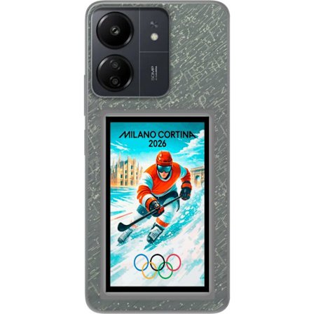 Yhteensopiva Puhelinkuori Xiaomi Redmi 13C Curlingkuvitus pelaajilla ja kivillä jäällä, Milano Cortina 2026, lumisia roiskeita ja olympiasormukset