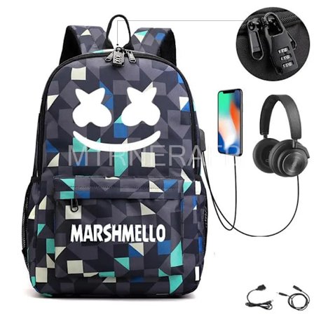 DJ Marshmello -reput teini-ikäisille pojille ja tytöille, 2 osaa, koululaukku USB-latauksella, varkaudenesto ja vedenpitävä kangas, rento Mochilas~