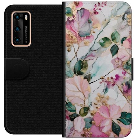 Kompatibel Tegnebogsetui til Huawei P40 Abstrakt marmormønster med blomster, blade og gyldne detaljer i bløde pastelfarver