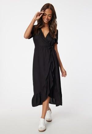 Happy Holly Evie Puff Sleeve Midi Wrap Dress 32/34 Black Mekot Dam