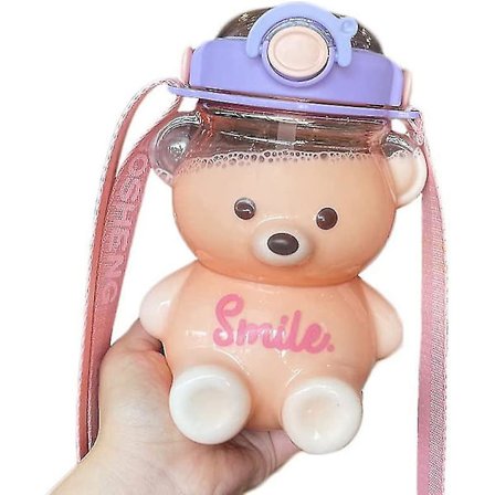 Björnvattenflaska med sugrör, Kawaii läckagesäker vattenkanna med justerbar axelrem för campingresor