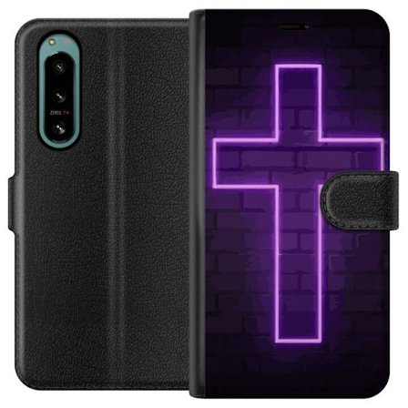 Kompatibelt Lommeboketui til Sony Sony Xperia 5 IV Neonkors i lilla lys mot mørk murvegg, symbolsk motiv med sterk glød moderne estetikk og dramatis