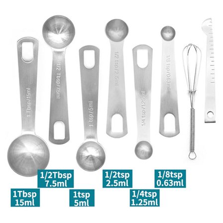 8/9/11 stk måleskje i rustfritt stål med rørepinne og målelinjal for flytende og tørr matlaging og bakeverktøy