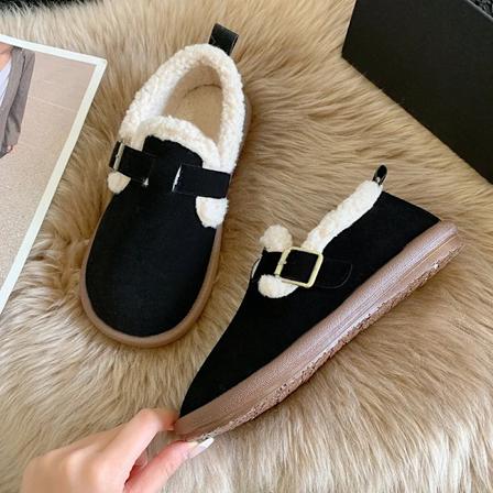 2024 Vinter Retro Kvinders Lammeuld Sko Varme Pels Flade Loafers Kvinder Udendørs Vandafvisende Ankelstøvler Doven Moccasin Kørselssko Black 40