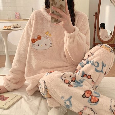 Mub- Flanellpyjamas kvinnlig söt höst vinter loungewear Pink KT cat