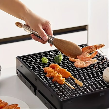 Ruostumattomasta teräksestä valmistetut ruokapihdit pähkinäpuukahvalla, 30 cm BBQ- ja buffetkäyttöön