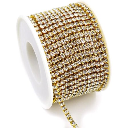 1 rulle 10m 3mm kristall strass nära kedja trim, smycken guld diamant kedja trimning, guld bas klar strass kristall nära kedja trim (guld)