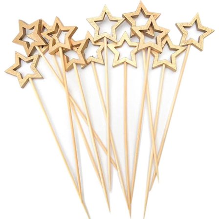 Guld Stjerne Bambus Cocktail Sticks, 14cm Lange Dekorative Tandstikker Spid til Frugter og Drikkepynt, Julefest Dekorationer 50 Stk